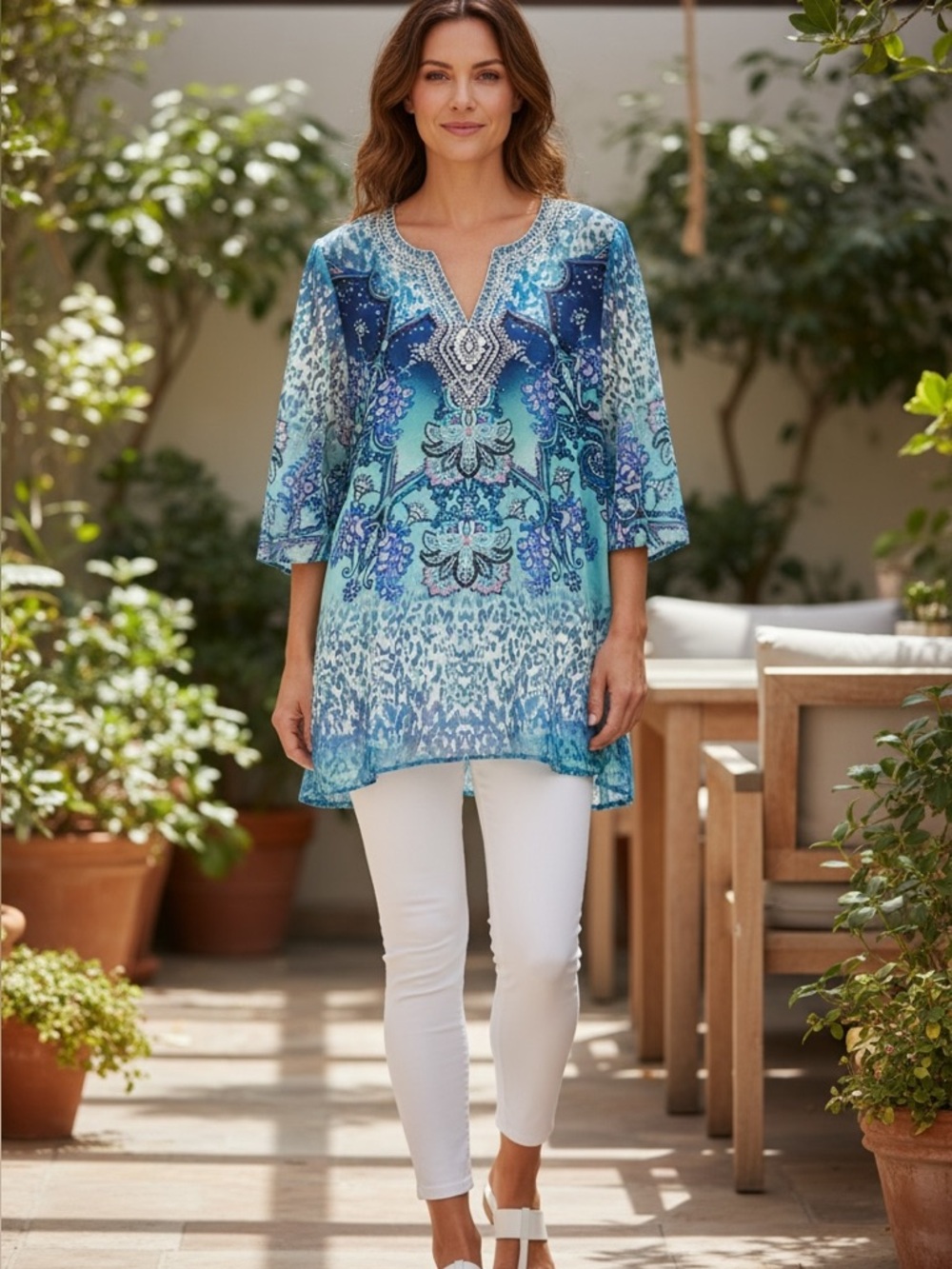NWOT Chico’s Embellished Sheer Tunic Blue Paisley Boho Top Size 3 XL 16/18 - Picture 3 of 11
